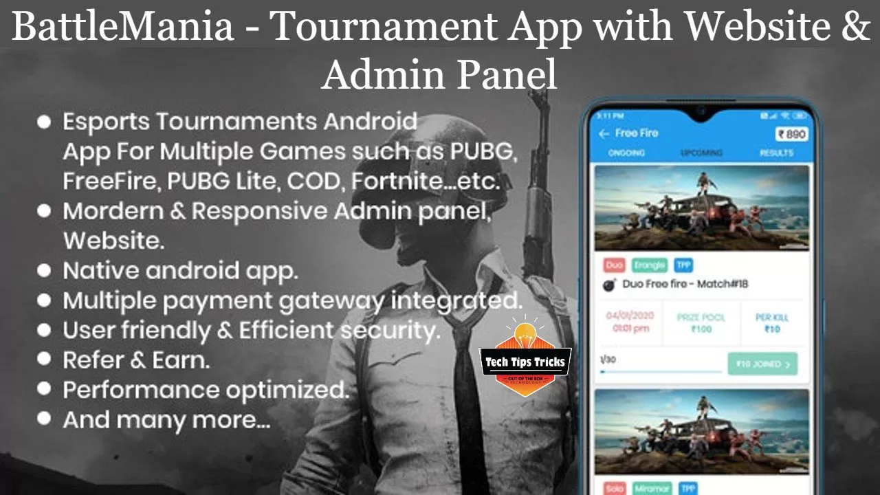 BattleMania – Tournament App with Website & Admin Panel for PUBG Free Fire / COD / PUBG Lite